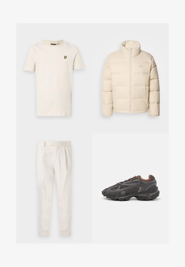 Beige boblejakke med høy krage, glidelåslukking og to sidelommer. Har et quiltet design og myk, jevn tekstur.; Stripet skjorte i kremfarge og lys tan, med rund hals og korte ermer, med en liten gul sommerfugl-logo på venstre bryst.; Hvite, pregede bukser med skreddersydd passform, som har en jevn tekstur, beltehemper og avsmalnende ben. Ingen synlige lommer eller mønstre.; Lacoste-sneakers i mørkegrått med mesh- og syntetisk materiale, med en teksturert såle og brune detaljer på kragen og merket.
