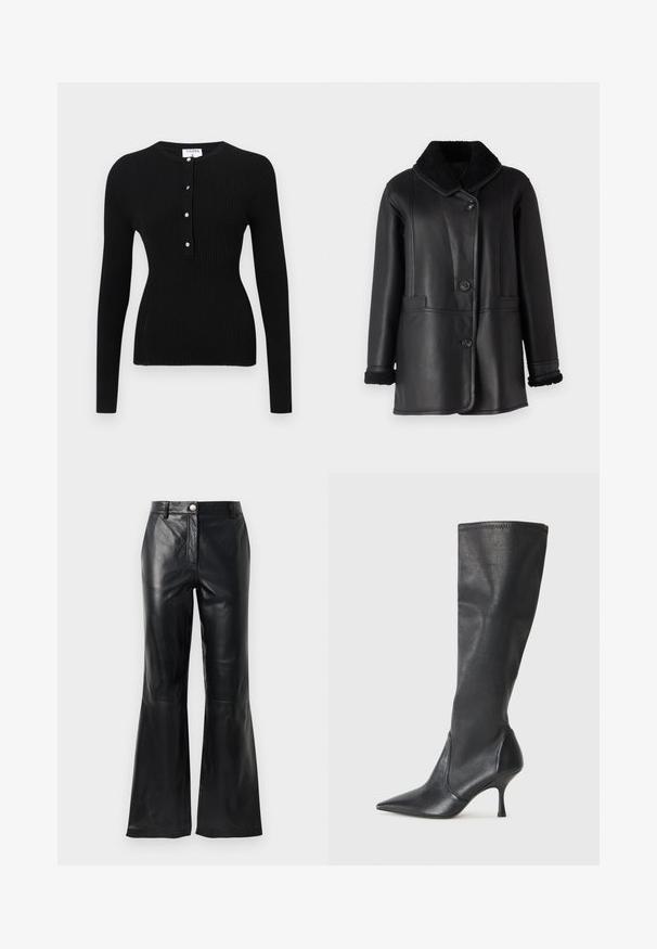 STUDIO ID NAPPA COAT - Bőrdzseki - black silky; Fekete, hosszú ujjú bordázott felső, kerek nyakkivágással és ezüstszínű gombokkal díszített gombolással. Sima textúra, testhezálló fazon.; Fekete műbőr nadrág magas derékkal, gombos záródással, övhurkokkal és harangszárakkal, fehér háttér előtt.; Térd fölötti fekete bőr csizmák hegyes orral és karcsú stiletto sarkal. Simább textúrájúak, jól illeszkedő kialakítással és varrással a tetején.