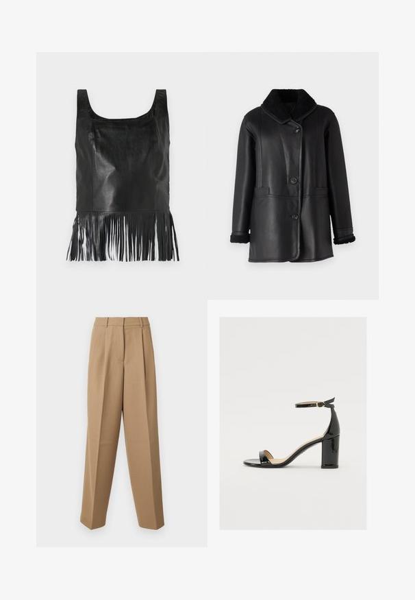 STUDIO ID NAPPA COAT - Kožená bunda - black silky; Čierny kožený bezrukávový top so štvorcovým výstrihom, s dlhým strapcovaním na spodnom okraji a hladkou textúrou.; Krémové upravené nohavice s vysokým pásom, skladaným predkom a širokým strihom. Tkanina sa zdá byť hladká s jemným leskom.; Čierne lakované sandále s širokým podpätkom, otvorenou špičkou a remienkom okolo členka s zlatou sponou. Hladká textúra a elegantný dizajn.