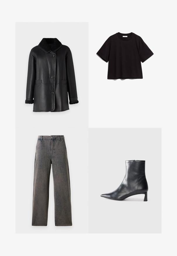 STUDIO ID NAPPA COAT - Odinis švarkas - black silky; Juodas medvilnės trumpomis rankovėmis marškinėliai su apvaliu kaklu. Turi atpalaiduotą siluetą ir paprastą, neišpuoštą dizainą.; Plačios kojos kelnės iš išblukusio pilko audinio, su mygtuko uždarymu, dirželio kilpomis ir šoninėmis kišenėmis su subtilia tekstūra.; Juodas odinis kulkšninis batas su smailiu pirštu ir elegantišku dizainu. Turi žemą kulną ir užtrauktuką gale. Lygi tekstūra.