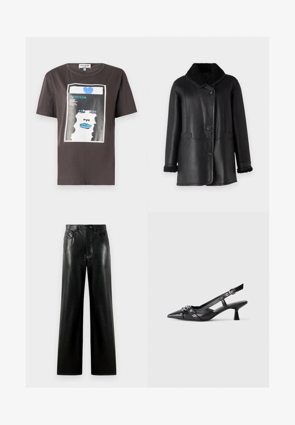 STUDIO ID NAPPA COAT - Kožnata jakna - black silky; Grafička majica tamno siva od pamuka s kolorističnim printom ženske lica s plavim usnama i plavim srcem, okrugli izrez i kratki rukavi.; Crne kožne hlače širokih nogavica s glatkom završnom obradom, koje sadrže dugme i patentni zatvarač, prednje džepove i kontrastne detalje šivanja.; Crne kožne cipele s remenom oko pete, s izduženim vrhom, dekorativnim trakama s metalnim rupama i niskom blok petom. Teksturirana površina.