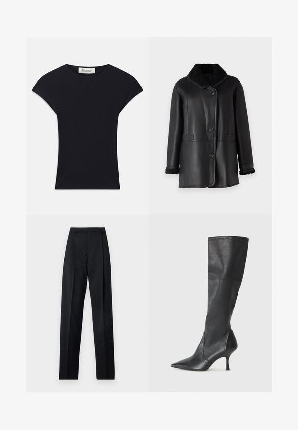 STUDIO ID NAPPA COAT - Leather jacket - black silky; Black short-sleeve top made of soft fabric, featuring a rounded neckline and a fitted shape with subtle shoulder accents. Tag visible.; Black trousers made from smooth fabric featuring a high waist, wide legs, front pleats, and classic belt loops. No side pockets visible.; Knee-high black leather boots with a pointed toe and a slim stiletto heel. Smooth texture with a fitted design and stitching at the top edge.