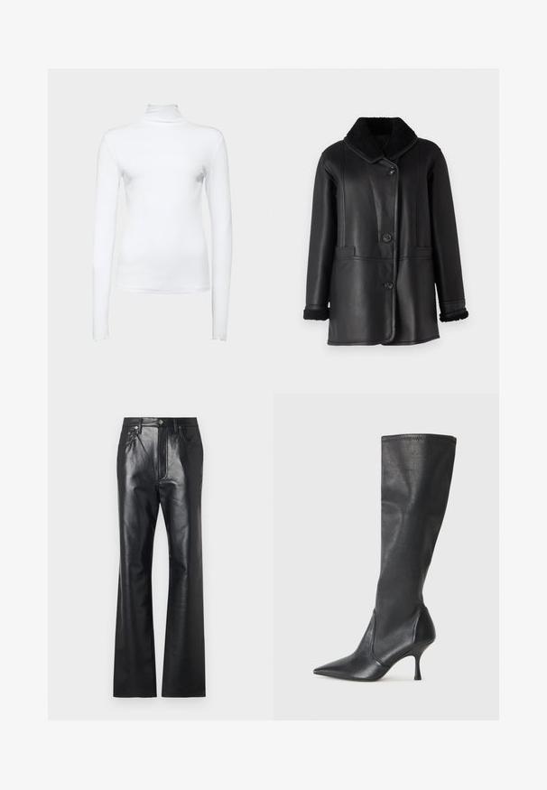 STUDIO ID NAPPA COAT - Nahkjakk - black silky; Valge pikkade varrukatega kõrge kaelusega topp, mis on valmistatud elastse puuvillase kangast. Omab kitsast disaini ja siledat tekstuuri, ilma nähtavate mustrite või aktsentideta.; Mustad nahkpüksid sileda tekstuuriga, flöödid kujunduses, ees asuva tõmbluku ja vööpaeladega. Omavad peeneid õmbluskirjeldusi.; Knee-high mustad nahksaapad terava nina ja kitsaste stiilsete kontsadega. Sile tekstuur sobiva disainiga ja õmblused ülemisel serval.
