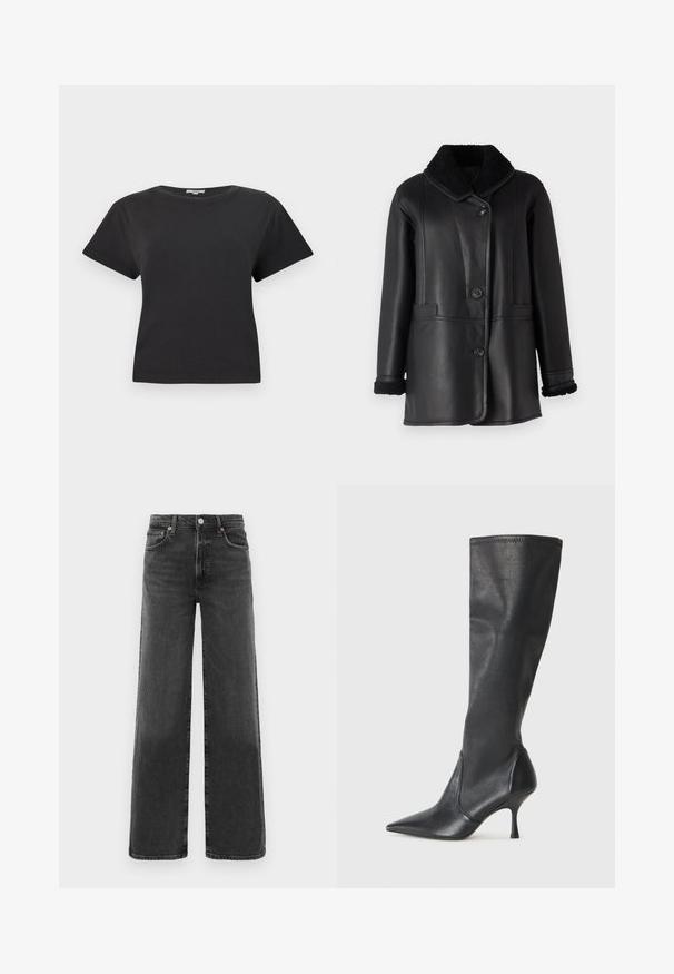 STUDIO ID NAPPA COAT - Kožená bunda - black silky; Čierne bavlnené tričko s krátkymi rukávmi, okrúhlym výstrihom a voľným strihom. Bez viditeľných vzorov alebo kovových detailov. Hladká textúra.; Čierne džíny s vysokým pásom a rovnými nohavicami, s predným gombíkom a zipsom, dvoma prednými a dvoma zadnými vreckami.; Čierne kožené čižmy do výšky kolien s špicatou špičkou a úzkym stiletto podpätkom. Hladká textúra s priliehavým dizajnom a prešitím na vrchnom okraji.