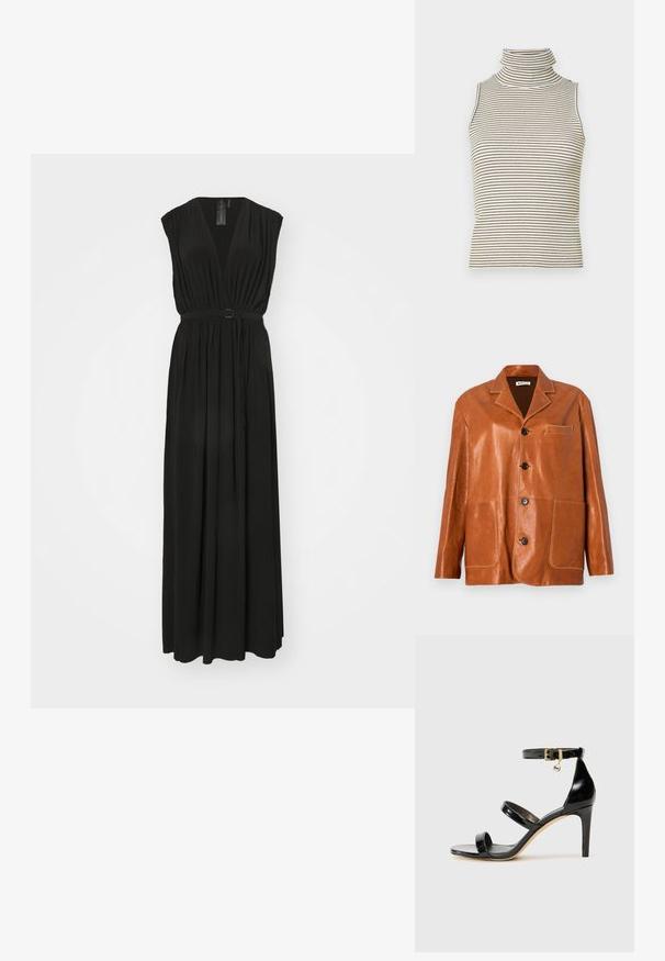 Pruun nahkjope, millel on sälgu krae, esipaneelil nupukesed, kaks suurt plaastritaskut ja üks väike rinnatasku. Sile tekstuur kerge läikega.; Must mustreening mustriimiseks põhjaosa musta kleidi, sügava V-kaelusega, lühikeste varrukatega ja kokku tõmmatud vöökohaga, millel on ümmargune metallist pandla. Pehme, voogav kangas.; Varrukateta turtleneck-särk, millel on vertikaalsed mustad ja valged triibud, valmistatud tekstureeritud kudumkangast ning millel on kõrge ja tihedalt istuv krae.; Must musta nahk sandaal kolme rihmaga, pahkluu vööga ja 4-tollise stilettakontsaga. Omab kuldset detaili ja logovõtit.