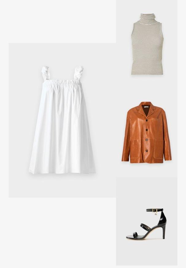 Ruskea nahkatakki, jossa on lovellinen kaulus, etupainikkeet, kaksi suurta läppätaskua ja pieni rintatasku. Rauhallinen tekstuuri, jossa on hienovarainen kiilto.; Valkoinen puuvillamekko, jossa on joustava yläosa ja frillapainikkeet. A-linjainen muoto ja sileä pinta, jossa on polveen ulottuva helma.; Hihaton poolopaita, jossa on pystysuorat mustat ja valkoiset raidat, valmistettu teksturoidusta neulekankaasta, ja siinä on korkea, tiukka kaulus.; Musta patentoitu nahkasandaali, jossa on kolme hihnaa, nilkkasolki ja 4 tuuman stiletto-korko. Varustettu kultaisilla yksityiskohdilla ja logokoristeella.