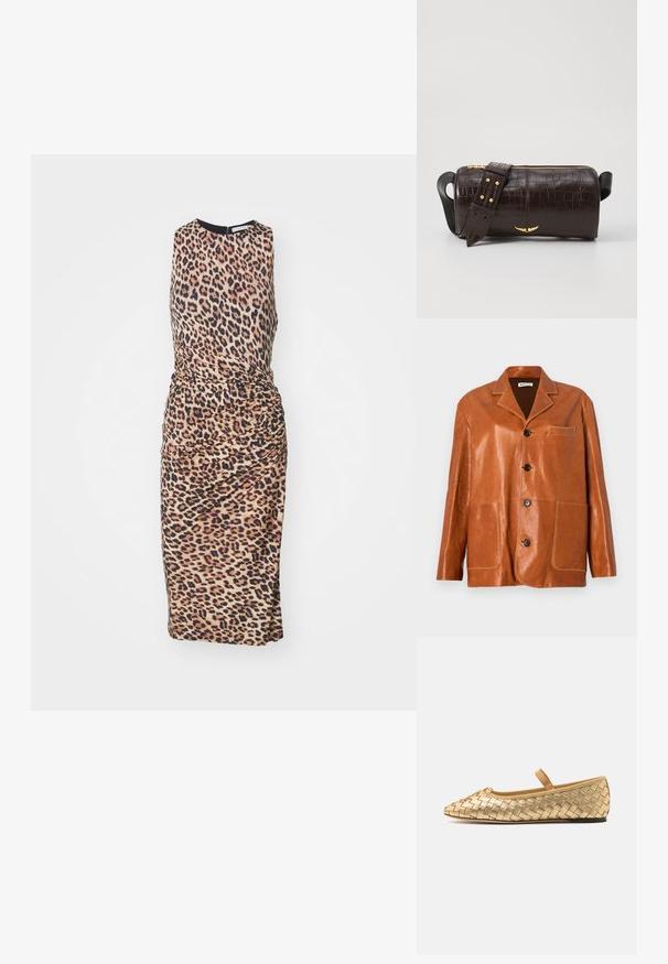 Brązowa skórzana kurtka z kołnierzem typu notch, z guzikami z przodu, dwoma dużymi kieszeniami naszytymi oraz małą kieszonką na piersi. Gładka faktura z delikatnym blaskiem.; Sukienka w panterkę z okrągłym dekoltem, bez rękawów, z marszczonymi detalami po bokach i dopasowaną długością midi. Wykonana z gładkiego materiału.; Loeffler Randall LEONIE złoty; Brązowa torba ze skóry z tłoczeniem krokodyla w kształcie cylindrycznym, z metalowymi elementami w kolorze złotym oraz odczepianym paskiem z ćwiekami.