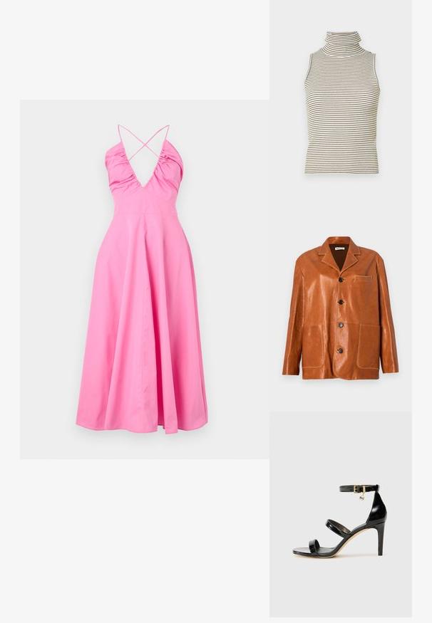 Braune Lederjacke mit Reverskragen, Frontknöpfen, zwei großen aufgesetzten Taschen und einer kleinen Brusttasche. Sanfte Textur mit subtiler Shine.; Rosa Maxikleid mit tiefem V-Ausschnitt, gerafften Details und überkreuzten Trägern. Hergestellt aus glattem Stoff, hat es einen fließenden, ausgestellten Rock.; Ärmelloses Rollkragenoberteil mit vertikalen schwarz-weißen Streifen, hergestellt aus einem strukturierten Strickstoff und mit einem hohen, eng anliegenden Kragen.; Schwarze Lackleder-Sandale mit drei Riemen, Knöchelriemen und 10 cm hohen Stiletto-Absatz. Verfügt über goldfarbene Hardware-Details und ein Logo-Charm.; Braune Leder-Crossbody-Tasche mit einem gewölbten Klappenverschluss, goldenen Beschlägen und einem dekorativen Logo. Der Riemen ist verstellbar und hat eine glatte Textur.