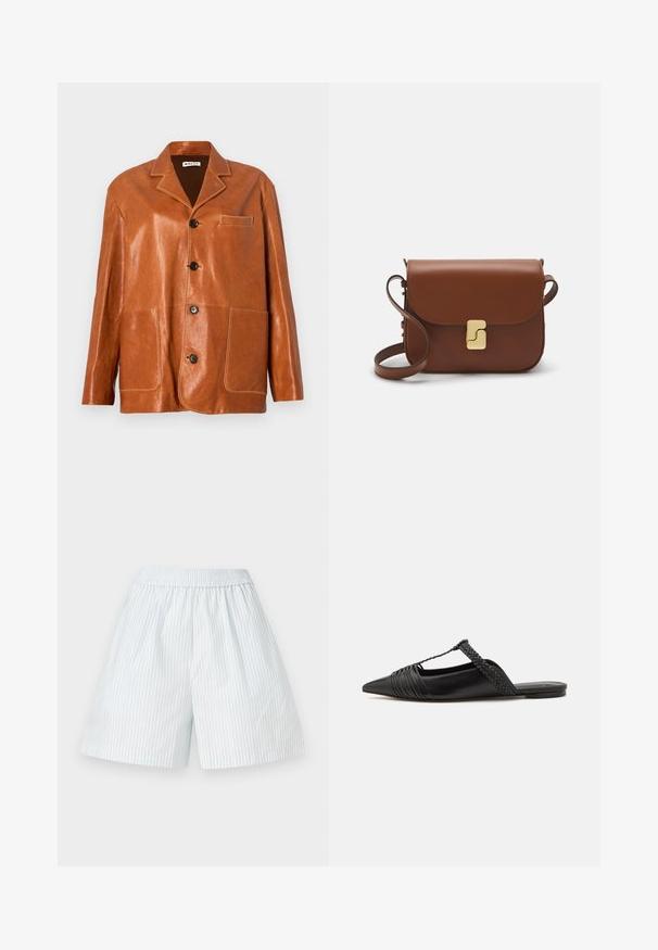 Chaqueta de cuero marrón con cuello de muesca, botones frontales, dos grandes bolsillos de parche y un pequeño bolsillo en el pecho. Textura suave con un brillo sutil.; Suéter corto de un beige claro con cuello tipo chimenea con cremallera, que presenta un patrón texturizado y puños y dobladillo acanalados. Combina materiales de punto y tejido.; Pantalones cortos a rayas en azul claro con cintura elástica. Confeccionados en una tela suave, presentan rayas verticales blancas y un diseño de corte holgado.; Zapato de piel negra tipo slingback con punta afilada, que presenta un detalle trenzado y un diseño superior plisado. Suela plana con hardware mínimo.; Bolso de mano de cuero marrón con cierre de solapa, herrajes en tono dorado, correa para el hombro y una textura suave. Forma rectangular compacta.