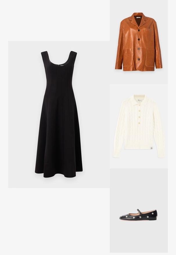 Pruun nahkjope, millel on sälgu krae, esipaneelil nupukesed, kaks suurt plaastritaskut ja üks väike rinnatasku. Sile tekstuur kerge läikega.; Kreemvärvi kootud sviiter, millel on krae, neli nööbitavat nööpi, soonikkoes varrukad ja väike logopatch hemmi juures.; Varrukateta turtleneck-särk, millel on vertikaalsed mustad ja valged triibud, valmistatud tekstureeritud kudumkangast ning millel on kõrge ja tihedalt istuv krae.; Must mustrik, millel on ümar kaelus, varrukateta disain ja laienev A-line siluett. Selles on vertikaalsed õmblused, mis lisavad struktuuri.; Must naar mustast valmistatud Mary Jane lamedad jalanõud, ümarate varvastega, hõbedaste ümmarguste nupukestega ja reguleeritava rihmaga, millel on klamber.; Pruun nahkne õlakott kaarjas klapiga, kuldsete detailide ja dekoratiivse logoga. Rihm on reguleeritav ja sellel on sile tekstuur.