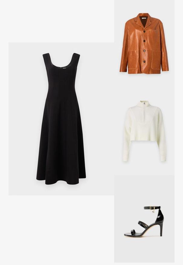 Ruskea nahkatakki, jossa on lovellinen kaulus, etupainikkeet, kaksi suurta läppätaskua ja pieni rintatasku. Rauhallinen tekstuuri, jossa on hienovarainen kiilto.; Lyhytaikainen vaaleanbeige neule, jossa on vetoketjukaulus, ribattu pinta ja leveät hihat. Materiaali vaikuttaa pehmeältä ja neulotulta.; Musta mekko, jossa on pyöreä kaula-aukko, olkaimeton muotoilu ja liehuva A-linjainen siluetti. Mukana pystysuorat sauman yksityiskohdat rakenteen vuoksi.; Musta patentoitu nahkasandaali, jossa on kolme hihnaa, nilkkasolki ja 4 tuuman stiletto-korko. Varustettu kultaisilla yksityiskohdilla ja logokoristeella.; Ruskea nahkainen olkalaukku, jossa on kaareva kansi, kultaiset yksityiskohdat ja koristeellinen logo. Hihna on säädettävä ja siinä on sileä pinta.