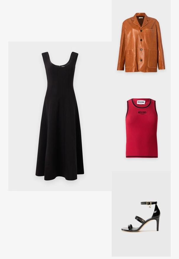 Brown leather jacket with a notched collar, front buttons, two large patch pockets, and a small chest pocket. Smooth texture with subtle shine.; Red ribbed tank top with black trim, featuring a logo "MOSCHINO JEANS" embroidered on the front. Sleeveless design, fitted silhouette.; Black dress with a scoop neckline, sleeveless design, and a flared A-line silhouette. Features vertical seam detailing for structure.; Black patent leather sandal with three straps, ankle buckle, and 4-inch stiletto heel. Features gold hardware detail and logo charm.