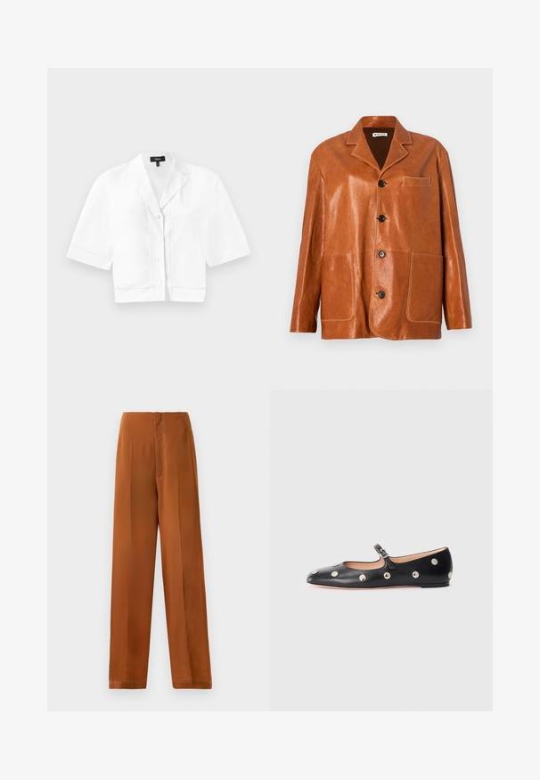 Giacca di pelle marrone con colletto a punta, bottoni frontali, due grandi tasche applicate e una piccola tasca sul petto. Texture liscia con un lieve lucido.; Camicia corta bianca a maniche corte con colletto a punta, caratterizzata da una sottile cucitura testurizzata lungo l'orlo e una finitura in tessuto liscia.; Polo a maniche corte color crema con righe nere. Caratterizzato da una chiusura con bottoni, una texture lavorata a maglia e un design traforato per la ventilazione.; Pantaloni a gamba larga di un caldo colore marrone, con una texture liscia, vita alta e cuciture bianche in contrasto lungo le cuciture.; Scarpa flat nera in pelle tipo Mary Jane con punta arrotondata, caratterizzata da borchie circolari argentate e una fascia regolabile con fibbia.