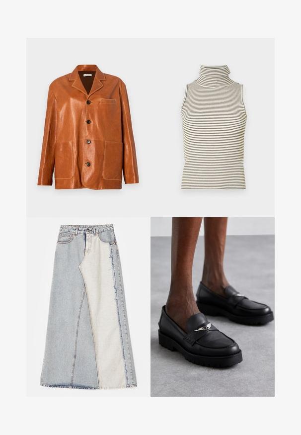 Braune Lederjacke mit Reverskragen, Frontknöpfen, zwei großen aufgesetzten Taschen und einer kleinen Brusttasche. Sanfte Textur mit subtiler Shine.; Ärmelloses Rollkragenoberteil mit vertikalen schwarz-weißen Streifen, hergestellt aus einem strukturierten Strickstoff und mit einem hohen, eng anliegenden Kragen.; Jeansrock mit einem Patchwork-Design in hell- und mittelblauen Abschnitten, ausgefransten Säumen und hoher Taille. Klassischer Fünf-Taschen-Stil.; Schwarze Lederloafers mit runder Zehe, mit einem silbernen Akzent am Riemen und einer dicken, strukturierten Sohle für zusätzlichen Grip.