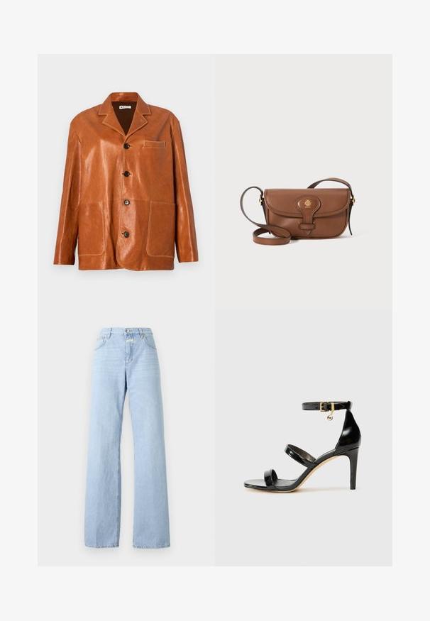 Brązowa skórzana kurtka z kołnierzem typu notch, z guzikami z przodu, dwoma dużymi kieszeniami naszytymi oraz małą kieszonką na piersi. Gładka faktura z delikatnym blaskiem.; Bez rękawów top w golf z pionowymi czarno-białymi paskami, wykonany z teksturowanej dzianiny, z wysokim, dopasowanym kołnierzem.; Jasnoniebieskie dżinsy typu wide-leg, wykonane z denimu; mają pięć kieszeni, zapięcie na guziki z przodu i subtelne wyblaknięcia na materiale.; Czarne lakierowane sandały na paski z trzema paskami, zapięciem na kostce i 10-centymetrowym obcasem w szpilce. Zawierają złote detale oraz zawieszkę z logo.; Brązowa skórzana torba na ramię z zaokrąglonym klapą, złotym okuciem i dekoracyjnym logo. Pasek jest regulowany i ma gładką fakturę.