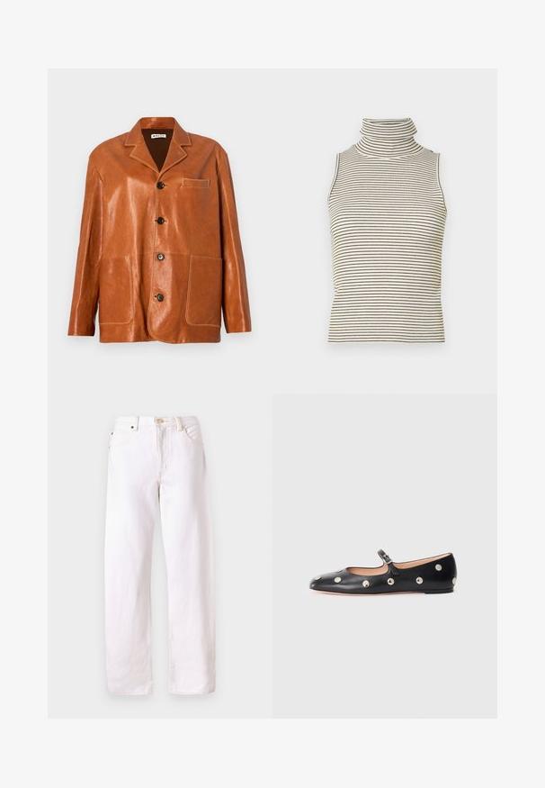 Braune Lederjacke mit Reverskragen, Frontknöpfen, zwei großen aufgesetzten Taschen und einer kleinen Brusttasche. Sanfte Textur mit subtiler Shine.; Ärmelloses Rollkragenoberteil mit vertikalen schwarz-weißen Streifen, hergestellt aus einem strukturierten Strickstoff und mit einem hohen, eng anliegenden Kragen.; Weiße Denim-Jeans mit Relaxed Fit, geraden Beinen, fünf Taschen und Knopfverschluss. Verfügt über sichtbare Nähte und minimalen Hardware.; Schwarze Leder-Mary-Jane-Ballenflats mit runder Zehenform, ausgestattet mit silbernen runden Nieten und einem verstellbaren Riemen mit Schnalle.