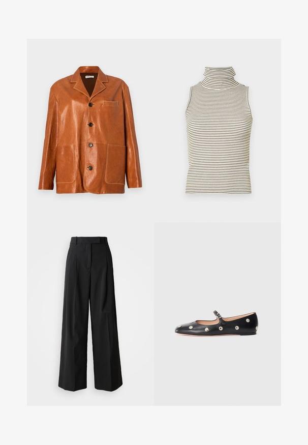 Ruskea nahkatakki, jossa on lovellinen kaulus, etupainikkeet, kaksi suurta läppätaskua ja pieni rintatasku. Rauhallinen tekstuuri, jossa on hienovarainen kiilto.; Hihaton poolopaita, jossa on pystysuorat mustat ja valkoiset raidat, valmistettu teksturoidusta neulekankaasta, ja siinä on korkea, tiukka kaulus.; Mustat leveälahkeiset housut, jotka on valmistettu sileästä kankaasta ja joissa on korkea vyötärö, kahdella etupleatilla ja muotoon ommeltu malli.; Musta nahkainen Mary Jane -tyylinen tasapohjakenkä, jossa on pyöreä varvas. Kenkässä on hopeisia pyöreitä niittejä ja säätöremmi, jossa on solki.