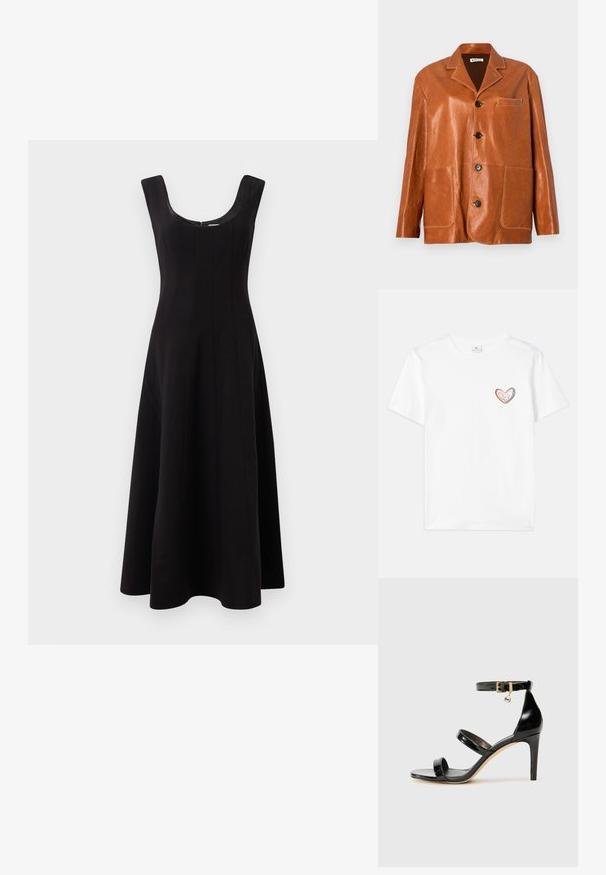 Ruskea nahkatakki, jossa on lovellinen kaulus, etupainikkeet, kaksi suurta läppätaskua ja pieni rintatasku. Rauhallinen tekstuuri, jossa on hienovarainen kiilto.; Valkoinen puuvillainen t-paita, jossa on monivärinen sydänkuvio vasemmassa rinnassa. Lyhyet hihat ja klassinen pyöreä kaula-aukko.; Musta mekko, jossa on pyöreä kaula-aukko, olkaimeton muotoilu ja liehuva A-linjainen siluetti. Mukana pystysuorat sauman yksityiskohdat rakenteen vuoksi.; Musta patentoitu nahkasandaali, jossa on kolme hihnaa, nilkkasolki ja 4 tuuman stiletto-korko. Varustettu kultaisilla yksityiskohdilla ja logokoristeella.; Ruskea nahkainen käsilaukku, jossa on läppäkiinnitys, kultasävyiset yksityiskohdat, olkahihna ja sileä pinta. Kompaktin suorakaiteen muotoinen.