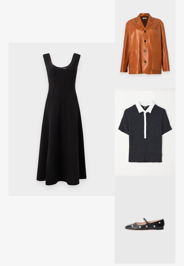 Barna bőrkabát, feltűnő gallérral, elülső gombokkal, két nagy felvarrt zsebbel és egy kis mellzsebbel. Sima textúrájú, enyhe fényű.; Sötétkék, rövid ujjú pólóing fehér gallérral, gombos kivágással és texturált anyaggal. Klasszikus dizájn és fitt fazon.; Fekete ruha tág nyakú kivágással, ujjatlan kialakítással és bővülő A-vonalú sziluettel. Vertikális varrási részletekkel a struktúra érdekében.; Fekete bőr Mary Jane lapossarkú cipő, lekerekített orral, ezüst színű kör alakú szegecsekkel és állítható pánttal, csattal.; Barna bőr keresztpántos táska ívelt fedéllel, arany színű fémrészekkel és dekoratív logóval. A heveder állítható és sima felületű.