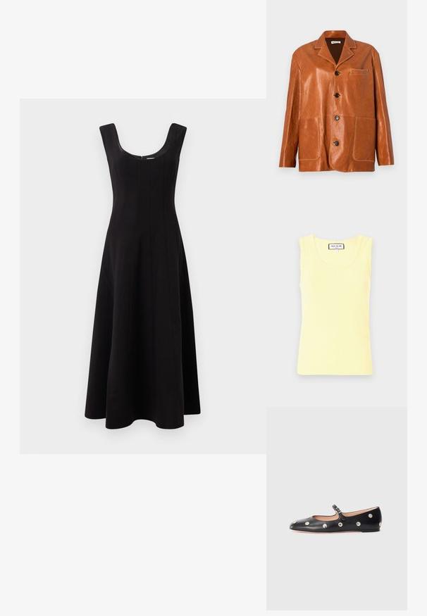 Giacca di pelle marrone con colletto a punta, bottoni frontali, due grandi tasche applicate e una piccola tasca sul petto. Texture liscia con un lieve lucido.; Top giallo a costine con scollatura rotonda, bordi ondulati e un piccolo logo in rilievo al centro. Realizzato in tessuto morbido, con maniche corte.; Abito nero con scollatura a barca, design senza maniche e silhouette ad A svasata. Presenta dettagli delle cuciture verticali per una maggiore struttura.; Scarpa flat nera in pelle tipo Mary Jane con punta arrotondata, caratterizzata da borchie circolari argentate e una fascia regolabile con fibbia.