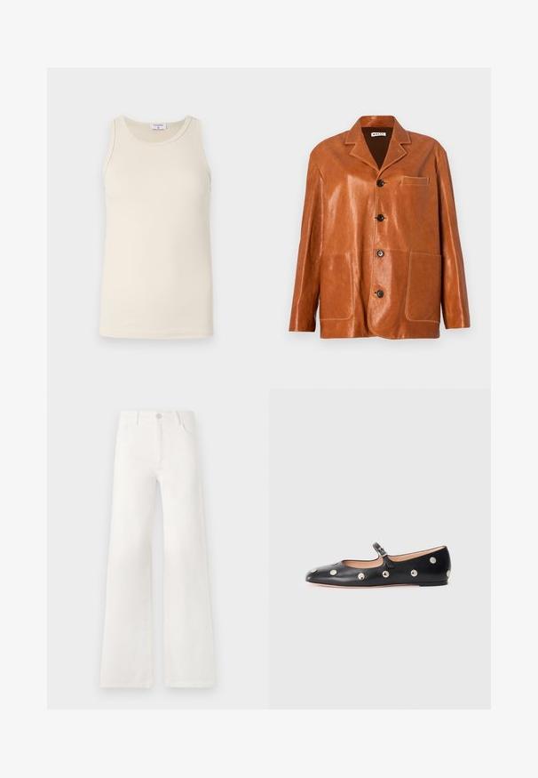 Jachetă de piele maro cu guler tăiat, butoane frontale, două buzunare mari cu pliu și un mic buzunar pe piept. Textură netedă cu un luciu subtil.; Filippa K TANK - Top - dusty beige; Jeans albe, cu talie înaltă și croială largă, realizate din denim. Dispun de închidere cu buton, două buzunare frontale și cusături detaliate pe laterale.; Pantofii Mary Jane din piele neagră, cu vârful rotund, decorati cu nasturi circulari argintii și o curea ajustabilă cu cataramă.