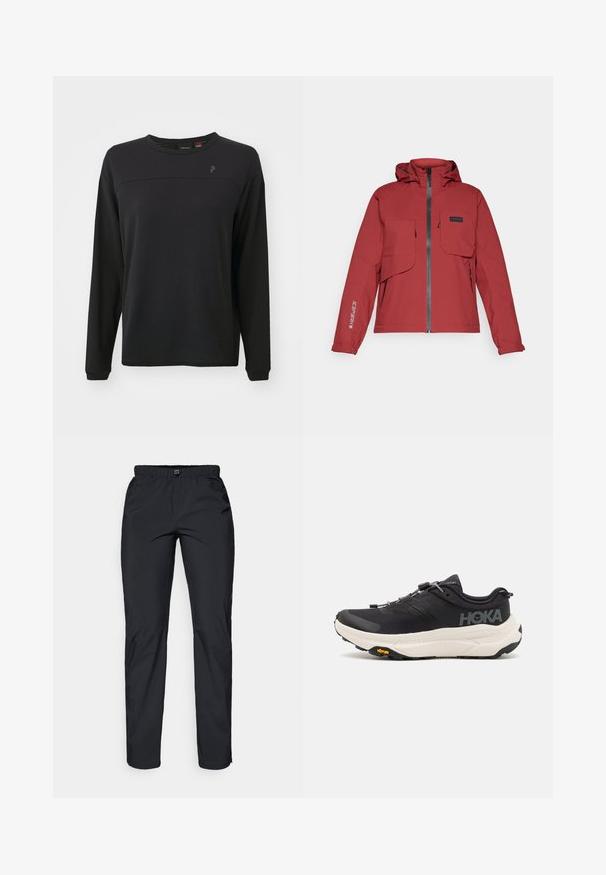Chaqueta impermeable roja con cierre de cremallera, capucha ajustable, dos bolsillos delanteros y detalle del logo en la manga izquierda. Textura suave.; Camisa negra de manga larga con tejido texturizado, cuello redondo y un logo sutil en el pecho. Presenta un corte relajado y detalles de costura.; Pantalones negros, ligeros y resistentes al agua con cintura elástica y dos bolsillos laterales; textura suave; diseño de pierna recta.; Zapatillas deportivas negras con parte superior de malla transpirable, suela de goma, entresuela blanca acolchada y cordones reflectantes. Logo de Vibram en la suela.