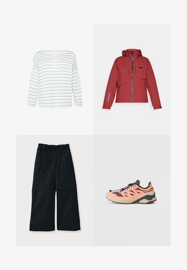 Crvena vodootporna jakna s zatvaranjem na zip, podesivim kapuljačom, dva prednja džepa i detaljem s logotipom na lijevoj rukavu. Glatka tekstura.; Bijela bluzica s dugim rukavima i plavim horizontalnim prugama. Ima širok izrez i širok kroj, izrađena je od mekanog materijala s glatkom teksturom.; Crne hlače širokih nogavica s elastičnim pojasom i podesivom vezicom, dva bočna džepa i glatkom teksturom tkanine.; Trkaća obuća za trail u breskvastoj i crnoj boji. Karakteriše je teksturirani gornji deo sa dijagonalnim izrezima, debeli bež đon i crni sistem brzog vezivanja.