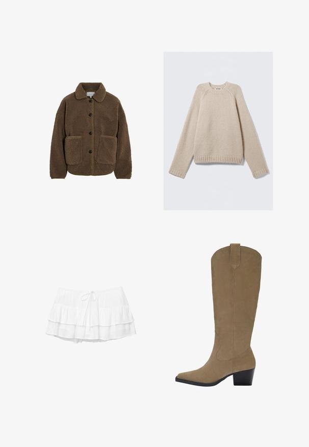 VILA GEKNÖPFTE TEDDY - Fleecejacke - fossil; Beige Strickpullover mit langen Raglanärmeln und gerippten Bündchen und Saum, flach auf einem hellen Hintergrund ausgelegt.; Weißen, geschichteten Rock mit drei Rüschenschichten, elastischem Bund und Kordelzugdetails. Hergestellt aus leichtem, strukturiertem Stoff.; Knöchelhohe, sandfarbene Wildlederstiefel mit spitzer Zehenform, gestapeltem Absatz und genähten Details an den Seiten. Glatte Textur und strukturierte Form.