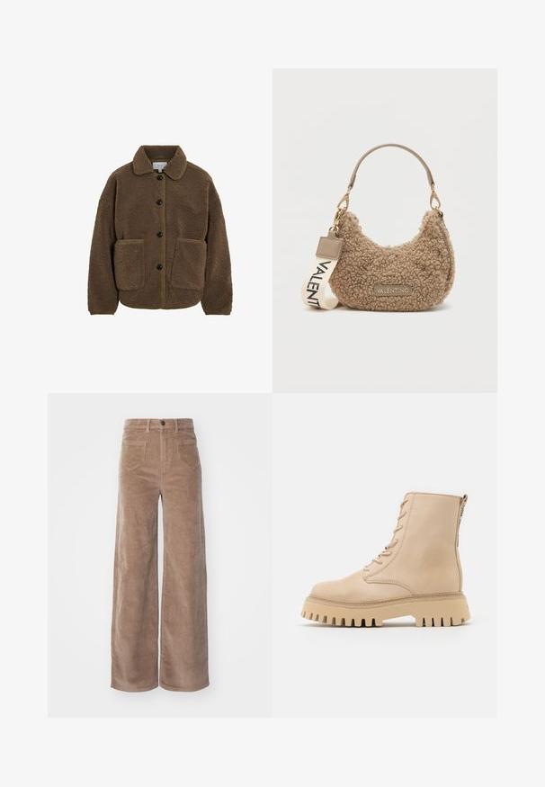 VILA GEKNÖPFTE TEDDY - Fleecejakke - fossil; Beige strikpullover med lange raglanærmer og ribbede manchetter og kant, lagt fladt på en lys baggrund.; ONLY HOPE GLOBAL HW EBBA POCKETS - Bukser - fossil; Beige læder ankelstøvler med rund tå, snørebånd fortil og lynlås i siden, med en kraftig, takkede sål.; Brun tekstureret håndtaske lavet af blødt materiale, med en buet form, en kort håndtag og en aftagelig strop med "VALENTINO" trykt.