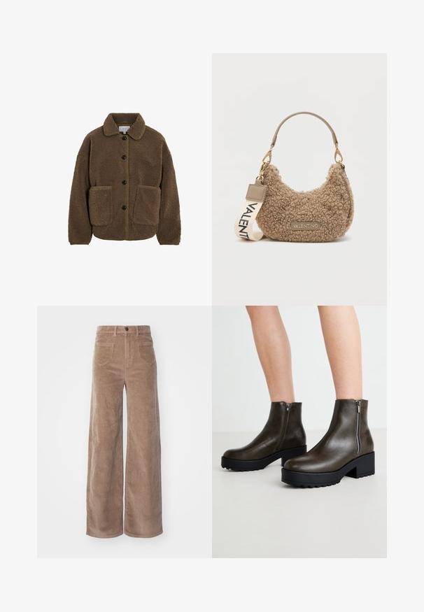 VILA GEKNÖPFTE TEDDY - Flīsa jaka - fossil; Bēša adīta džemperis ar garām raglanu piedurknēm un ribinātām aprocēm un apakšmalu, nolikts uz gaiša fona.; ONLY HOPE GLOBAL HW EBBA POCKETS - Auduma bikses - fossil; Zaļas ādas potītes zābaki ar bloku papēdi, sānu rāvējslēdzēju un teksturētu gumijas zoli labākai saķerei. Gluda apdare un elegants dizains.; Brūna teksturēta rokassoma, kas izgatavota no mīksta materiāla, ar izliekštu formu, īsu rokturi un noņemamu siksnu, uz kuras ir uzdrukāts "VALENTINO".