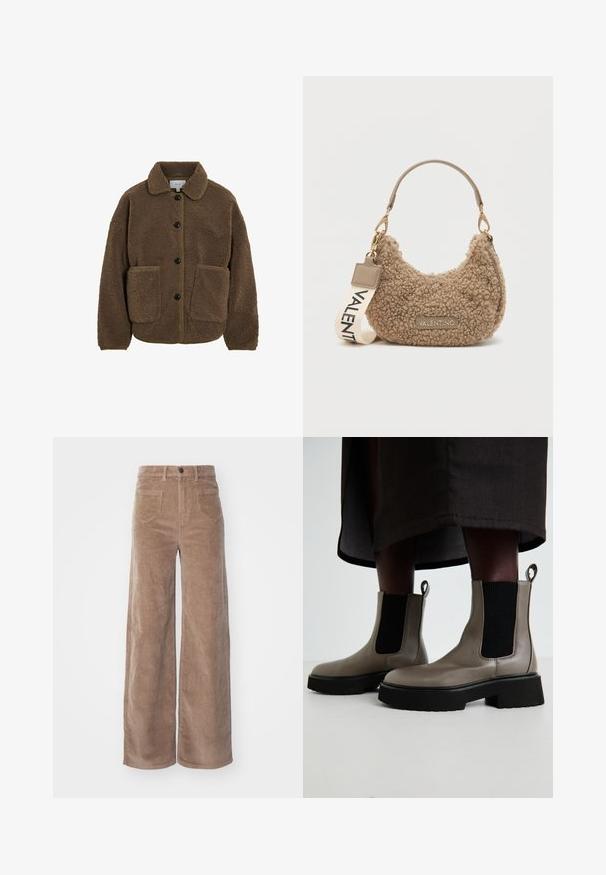 VILA GEKNÖPFTE TEDDY - Polárdzseki - fossil; Beige kötött pulóver hosszú raglán ujjal, bordás mandzsettával és alsó résszel, világos háttéren kifektetve.; ONLY HOPE GLOBAL HW EBBA POCKETS - Nadrágok - fossil; Szürke bokacsizmák texturált bőrből, elasztikus oldalpanellel és vastag fekete talppal. Könnyű felvételt biztosító húzófülek találhatók rajtuk.; Barna, plüss anyagból készült, textúrált kézitáska, ívelt formával, rövid fogantyúval és levehető pánttal, amelyen a "VALENTINO" felirat található.