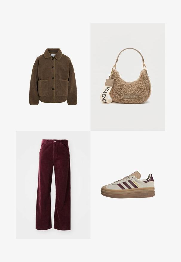 VILA GEKNÖPFTE TEDDY - Fleece jacket - fossil; Beige knit sweater with long raglan sleeves and ribbed cuffs and hem, laid flat on a light background.; Burgundy corduroy pants with a wide-leg design, featuring front pockets, a button closure, and ribbed texture throughout.; Beige suede sneakers with maroon stripes, white accents, a chunky translucent sole, and raised branding on the side. Laced design.; Brown textured handbag made of plush material, featuring a curved shape, a short handle, and a removable strap with "VALENTINO" printed.