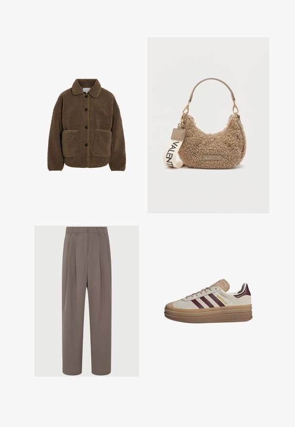 VILA GEKNÖPFTE TEDDY - Jakna iz flisa - fossil; Bež pleteno pulover z dolgimi raglan rokavi ter rebrastimi manšetami in robom, razporejen na svetlem ozadju.; Rjave plisirane hlače z visokim pasom, gladkim materialom, širokimi nogami in stranskimi žepi, ki se ponašajo z nežno, lahko teksturo.; Beige ante čevlji s temno rdečimi črtami, belimi detajli, masivnim prozornim podplatom in povišano blagovno znamko na strani. Sponke za vezanje.; Rjava teksturirana torbica iz plišastega materiala, ki ima ukrivljeno obliko, kratko ročico in odstranljivo zanko s tiskanjem "VALENTINO".