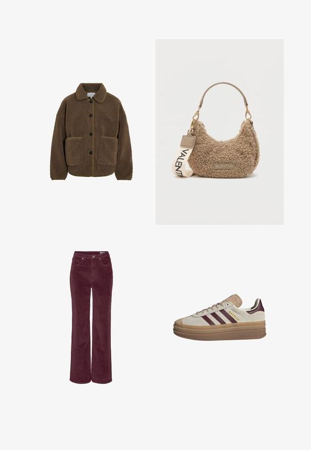 VILA GEKNÖPFTE TEDDY - Fleecejakke - fossil; Beige strikkegenser med lange raglanermene og ribbestrikkede mansjetter og kant, lagt flatt på en lys bakgrunn.; Kordfløyelsbukser med vide ben i en dyp burgunderfarge. Har frontlommer og beltehemper, teksturert stofffinish.; Beige semskinn sneakers med burgunderstriper, hvite detaljer, en chunky gjennomsiktig såle og hevet merkevare på siden. Snøredesign.; Brun strukturert håndveske laget av plushmateriale, med en buet form, en kort håndtak og en avtagbar stropp med "VALENTINO" trykket på.