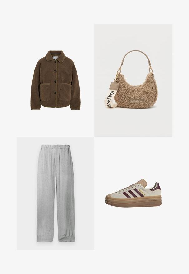 VILA GEKNÖPFTE TEDDY - Fleecejakke - fossil; Beige strikkegenser med lange raglanermene og ribbestrikkede mansjetter og kant, lagt flatt på en lys bakgrunn.; Lysegrå bukser med elastisk midje, subtilt altomfattende hvitt blomster-trykk, rette løstsittende ben og mansjetter på ermene.; Beige semskinn sneakers med burgunderstriper, hvite detaljer, en chunky gjennomsiktig såle og hevet merkevare på siden. Snøredesign.; Brun strukturert håndveske laget av plushmateriale, med en buet form, en kort håndtak og en avtagbar stropp med "VALENTINO" trykket på.