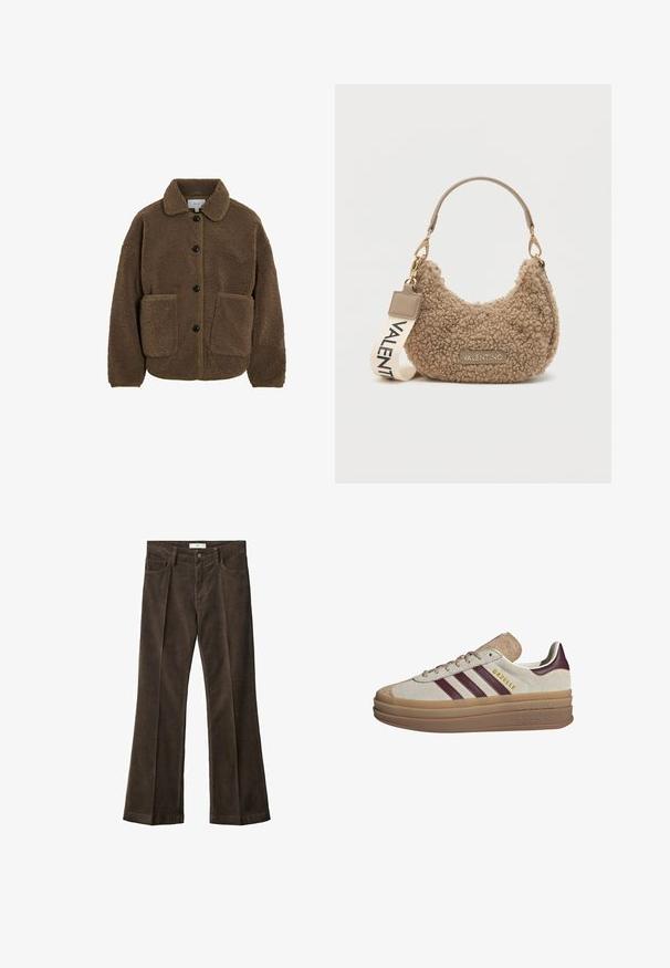 VILA GEKNÖPFTE TEDDY - Flísová bunda - fossil; Béžový pletený sveter s dlhými raglánovými rukávmi a rebrovanými manžetami a lemom, položený na svetlom pozadí.; Hnedé kordové rozšírené nohavice s hladkou textúrou, so siedmimi vreckami, gombíkovým zapínaním a pútkami na opasok.; Béžové semišové tenisky s vínovými pruhmi, bielymi akcentmi, masívnou priehľadnou podrážkou a vystúpeným logom na boku. Šnurovací dizajn.; Hnedá textúrovaná kabelka vyrobená z plyšového materiálu, s zahnutým tvarom, krátkym držadlom a odnímateľným popruhom s potlačou "VALENTINO".