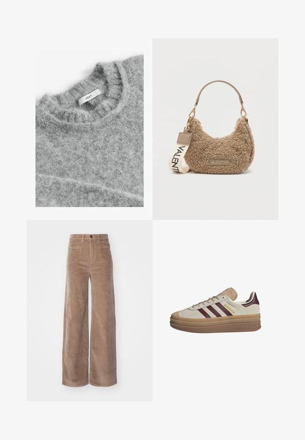 VILA GEKNÖPFTE TEDDY - Fleecejakke - fossil; Next Striktrøje - grey; ONLY HOPE GLOBAL HW EBBA POCKETS - Bukser - fossil; Beige ruskinds sneakers med maroon striber, hvide accenter, en kraftig gennemsigtig sål og forhøjet branding på siden. Snørebåndsdesign.; Brun tekstureret håndtaske lavet af blødt materiale, med en buet form, en kort håndtag og en aftagelig strop med "VALENTINO" trykt.