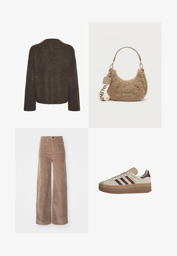 VILA GEKNÖPFTE TEDDY - Fleecová bunda - fossil; Pieces Svetr - morel; ONLY HOPE GLOBAL HW EBBA POCKETS - Kalhoty - fossil; Béžové semišové tenisky s kaštanovými pruhy, bílými akcenty, robustní průhlednou podrážkou a vyvýšeným logem na boku. Šněrovací design.; Hnědá texturovaná kabelka vyrobená z plyšového materiálu, se zakřiveným tvarem, krátkým uchem a odnímatelným popruhem s nápisem "VALENTINO".