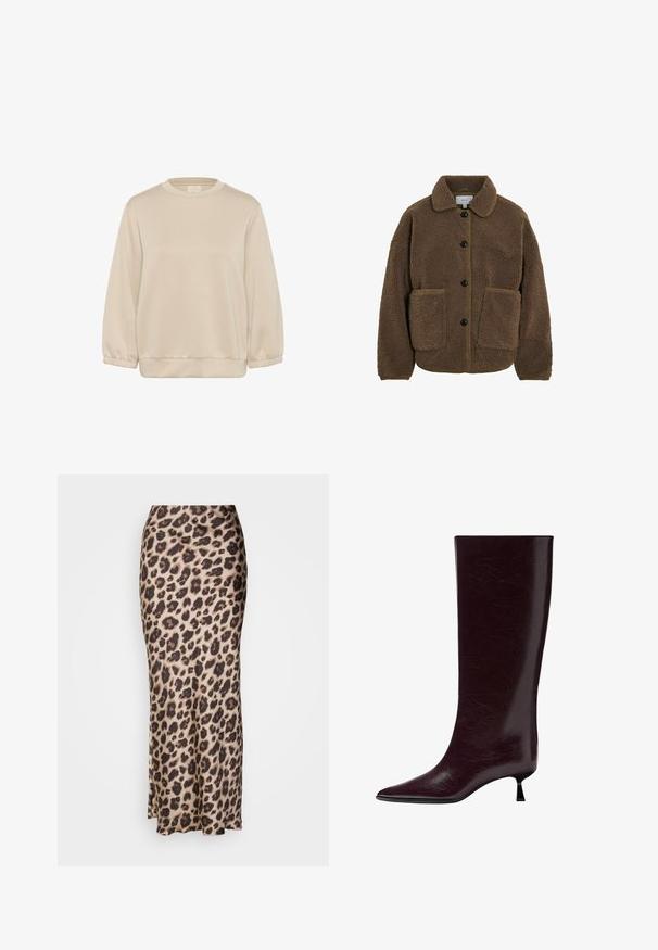 VILA GEKNÖPFTE TEDDY - Fleecejacke - fossil; Kaffe KASIF - Sweatshirt - feather gray; Leopardenmuster-Midirock aus glattem Satin. Hat eine figurbetonte Silhouette mit einem leichten Schlitz am Saum für Bewegungsfreiheit. Neutraler Beige- und Braunton.; Knöchelhoher burgunderfarbener Lederstiefel mit einer eleganten, strukturierten Oberfläche, spitzem Zehenbereich und einem dünnen, gestapelten Absatz für zusätzliche Höhe.