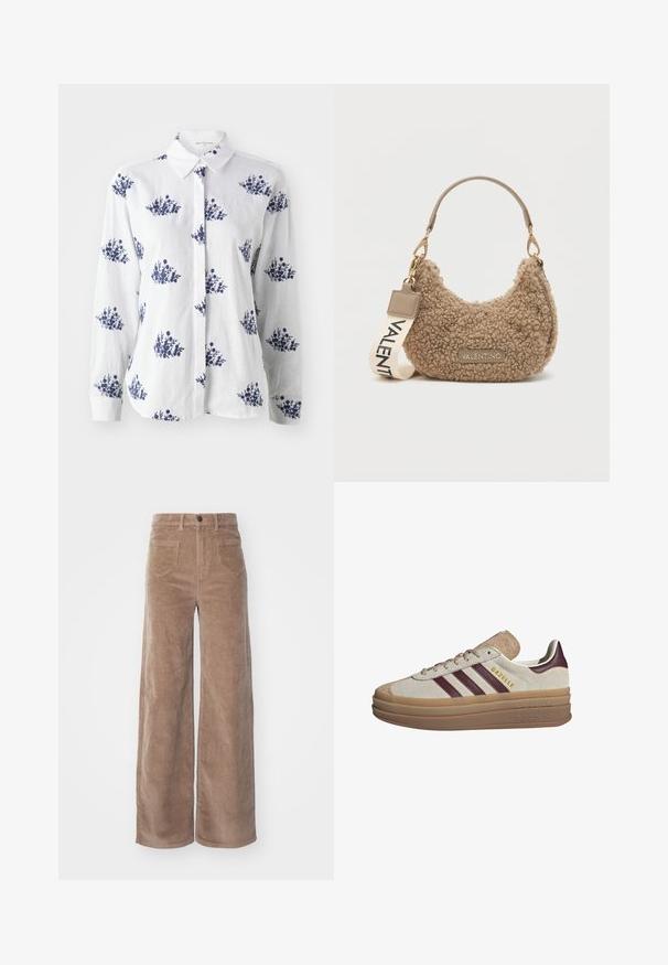 VILA GEKNÖPFTE TEDDY - Fleece jacket - fossil; White linen shirt featuring a blue floral print, button-up front, and a classic collar with long sleeves and cuffed wrists.; ONLY HOPE GLOBAL HW EBBA POCKETS - Trousers - fossil; Beige suede sneakers with maroon stripes, white accents, a chunky translucent sole, and raised branding on the side. Laced design.; Brown textured handbag made of plush material, featuring a curved shape, a short handle, and a removable strap with "VALENTINO" printed.