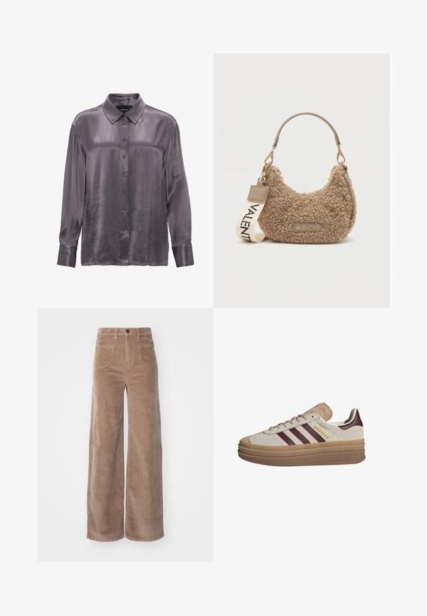 VILA GEKNÖPFTE TEDDY - Fleece jacket - fossil; Long-sleeve shirt in a rich gray, made from smooth, lustrous fabric. Features a classic collar and button-down front, with cuffs at the sleeves.; ONLY HOPE GLOBAL HW EBBA POCKETS - Trousers - fossil; Beige suede sneakers with maroon stripes, white accents, a chunky translucent sole, and raised branding on the side. Laced design.; Brown textured handbag made of plush material, featuring a curved shape, a short handle, and a removable strap with "VALENTINO" printed.