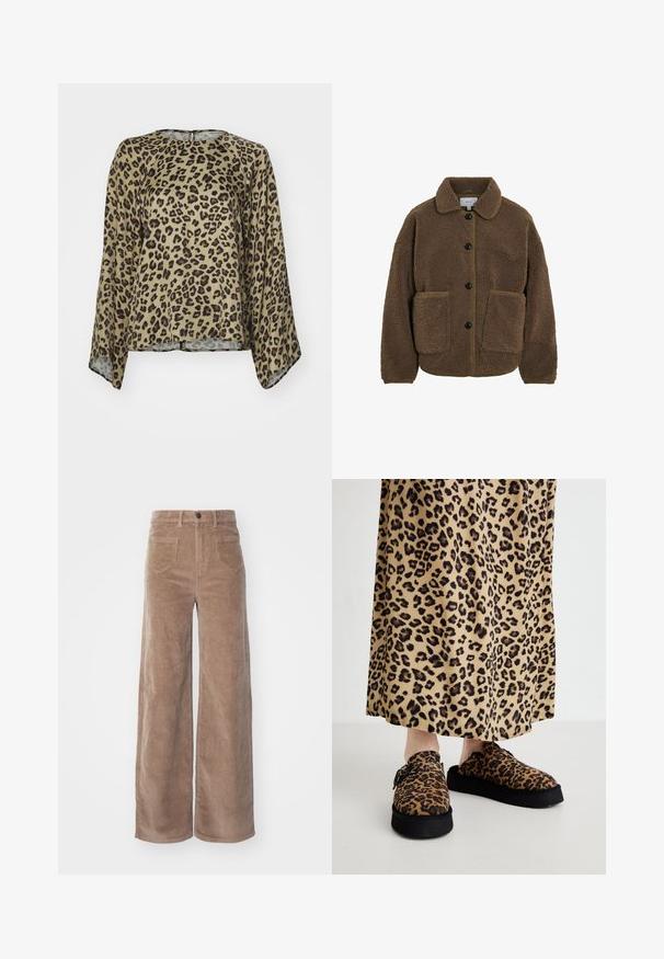 VILA GEKNÖPFTE TEDDY - Fleecová bunda - fossil; Blůza s leopardím potiskem, kulatým výstřihem, dlouhými rukávy a volným střihem. Vyrobena z hladkého, lehkého materiálu v béžové a černé barvě.; ONLY HOPE GLOBAL HW EBBA POCKETS - Kalhoty - fossil; Klapky se zvířecím vzorem leopardí kůže s příjemně měkkou texturou a černou platformou, zkombinované s odpovídající leopardí sukní.