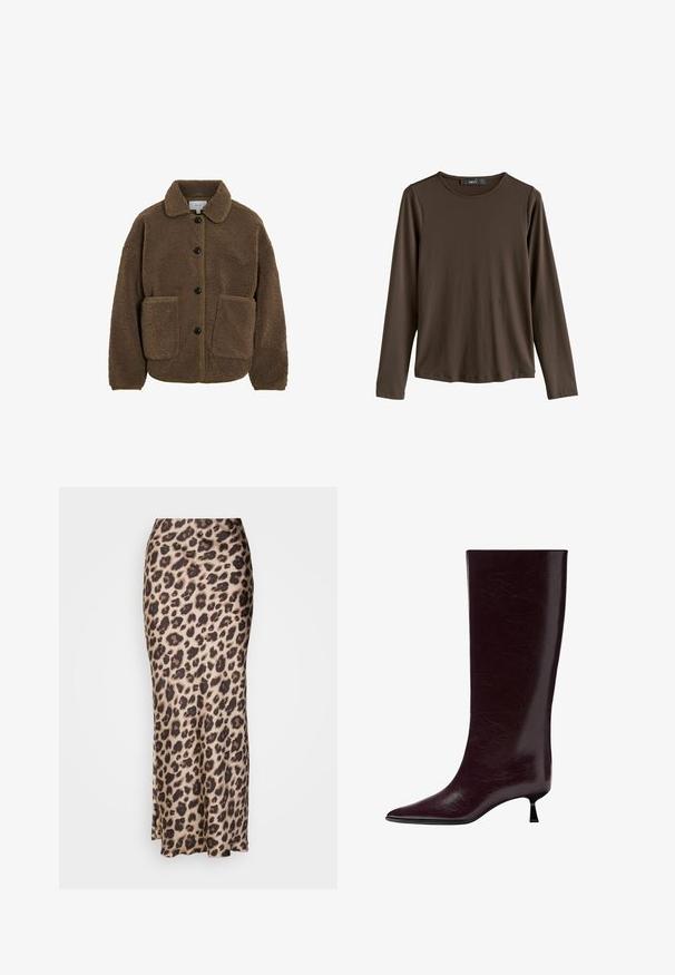 VILA GEKNÖPFTE TEDDY - Fleecová bunda - fossil; Hnědá dlouhá košile s dlouhým rukávem vyrobená z hladké tkaniny. Má kulatý výstřih a rovný lem, bez viditelných vzorů nebo akcentů.; Midi sukně s leopardím vzorem vyrobená z hladké saténové tkaniny. Má přiléhavý střih a mírný rozparek na dolním lemu pro snadný pohyb. V neutrálních béžových a hnědých tónech.; Dlouhý až po kolena burgundský kožený bot s elegantním texturovaným povrchem, špičatou špičkou a tenkým, vrstveným podpatkem pro zvýšenou výšku.