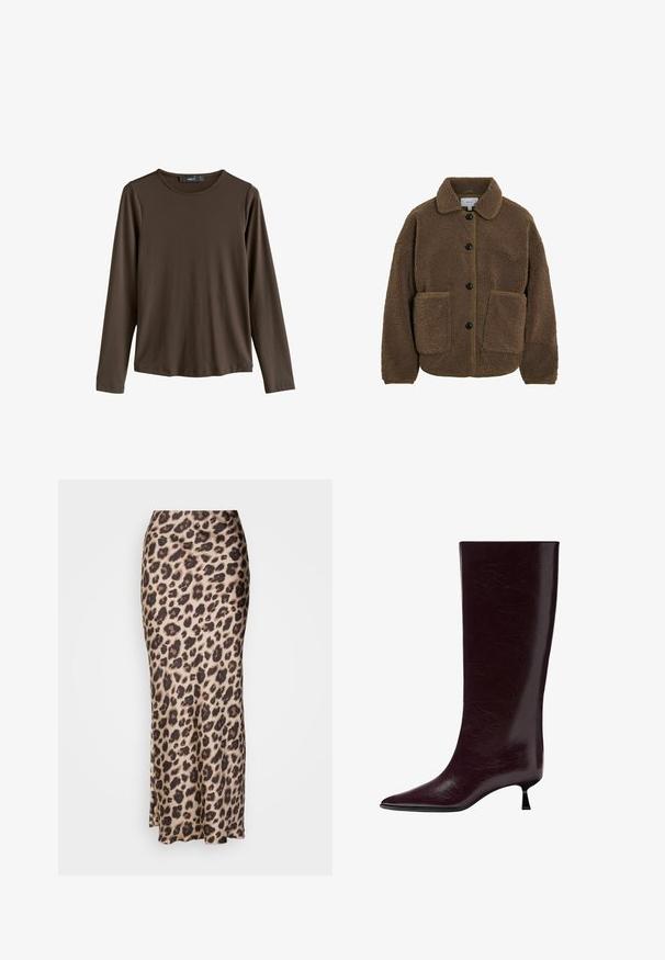 VILA - Kurtka z polaru; Brązowa koszula z długim rękawem, wykonana z gładkiego materiału. Posiada okrągły dekolt i prosty dół, bez widocznych wzorów czy zdobień.; Spódnica midi w cętki z gładkiego satynowego materiału. Posiada dopasowany krój z delikatnym rozcięciem na dole, co umożliwia swobodne poruszanie się. W neutralnych odcieniach beżu i brązu.; Botki sięgające do kolan w kolorze bordowym, wykonane z gładkiej, teksturowanej skóry, z wąskim noskiem i cienkim, warstwowym obcasem dla większego wzrostu.