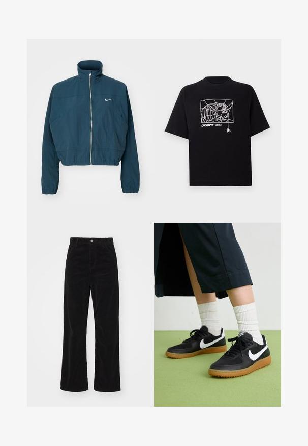 Marineblauwe cropped jas met een hoge kraag, ritssluiting aan de voorkant, elastische manchetten en een wit Nike-logo op de linkerborst. Hete compacte structuur.; Zwarte T-shirt van katoen met korte mouwen. Voorzien van een witte spinnenwebgrafiek en logo op de voorkant. Eenvoudige ronde halslijn.; Zwarte corduroy wijde broek met een hoge taille, voorzien van een voospan knoop- en ritssluiting, en een verticale ribstructuur overal.; Zwarte leren en synthetische sneakers met witte Nike swoosh, rubberen gumzool, ronde neus en zwarte veters. Geribbelde witte sokken zichtbaar.