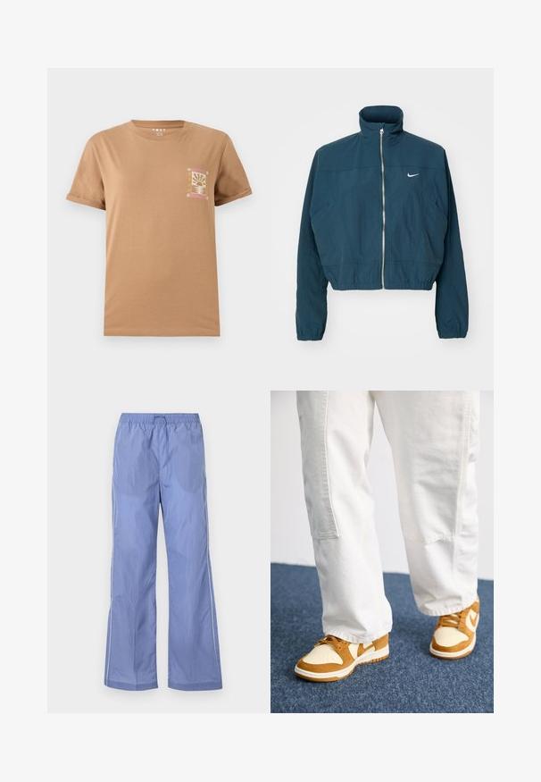 Chaqueta recortada de color azul marino con un alto cuello, cierre de cremallera en la parte frontal, puños elásticos y un logo blanco de Nike en el lado izquierdo del pecho. Textura suave.; Camiseta de algodón marrón con mangas cortas. Presenta un pequeño gráfico colorido en la zona izquierda del pecho que representa un tema de atardecer.; Pantalones ligeros de color azul con cintura elástica, con un corte holgado y piping lateral. Fabricados con un material suave y duradero.; Zapatillas marrones y crema con materiales de ante y piel, que presentan una puntera perforada, cordones y suelas blancas. Combinadas con pantalones blancos.