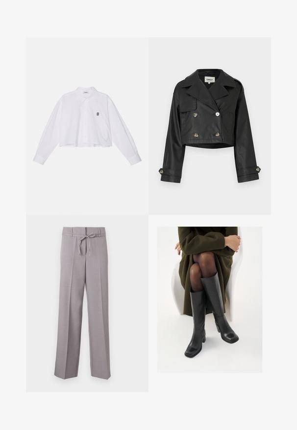 Melnā ādas jaka līdz viduklim ar dubulto pogu slēgšanu, metāla pogām, lielām uzskaitēm un uzrullējamiem piedurkņu galiem. Gluda tekstūra.; Balts īsais piegriezums ar garām piedurknēm, standarta apkakle un maza melna izšūta emblēma kreisajā krūtī.; Gai pelēki, plata kāju bikses ar mīkstu tekstūru, aprīkotas ar aukliņu viduklī un ar presētām krokām, nodrošinot strukturētu piegriezumu.; Ceļgalu augstuma melni ādas zābaki ar kvadrātu purngalu un bloku papēdi, attēloti modelī, kurš sēž olīvu zaļā mētelī. Gluda tekstūra, minimāla apdare.