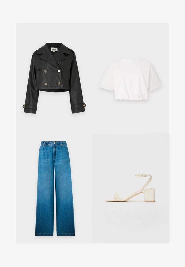 Jachetă din piele neagră, scurtă, cu un design cu două rânduri de nasturi, nasturi metalici, rever mari și mâneci rulate. Textură netedă.; Tricou alb scurt, cu mâneci scurte tip puff, decolteu rotund și tiv strâns, realizat dintr-un material de bumbac moale.; Jeans cu picioare largi din denim de un albastru deschis, cu pantaloni elastici, închidere cu button și un design drept cu un efect de decolorare.; Sandală bej cu toc bloc, realizată dintr-un material neted, având o brățară subțire la gleznă și o curea la vârf elegantă, decorată cu perle. Talpă plată.