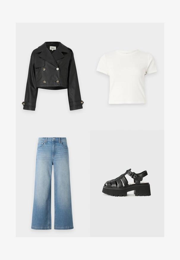 Juodas trumpas odinis švarkas su dvigubo užsegimo dizainu, metalinėmis mygtukais, dideliais atlapais ir sukamiems rankovėm. Visiškai lygus paviršius.; Trumpa balta medvilnės marškinėliai su trumpomis rankovėmis, apvaliu kaklu ir tiesiu hemu, pasižyminti lygiu tekstūriu ir minimaliu dizainu.; Šviesiai mėlynos džinsinės plačiakojės kelnės su aukštu liemeniu, penkių kišenių dizainu, matomomis siūlėmis ir mygtuko uždarymu priekyje.; Juodi platform sandalai, pagaminti iš lygaus pavirša, su plačiomis juostomis, sagtimi ir struktūrizuota guma padanga su masyviu dizainu.