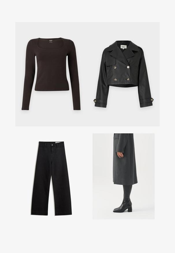 Sort cropped læderjakke med dobbeltradet design, metalknapper, store slag og opsmøget ærmer. Glat tekstur.; Sort langærmet, tætsiddende top med firkantet halsudskæring, mærket GAP, præsenteret mod en hvid baggrund.; Sorte wide-leg denim bukser med høj talje, der har front- og baglommer, syede sømme og en knaplukning. Glat tekstur.; Grå, skræddersyet frakke med lige snit; parret med knæhøje sorte læderstøvler med firkantet tå og kraftig hæl.